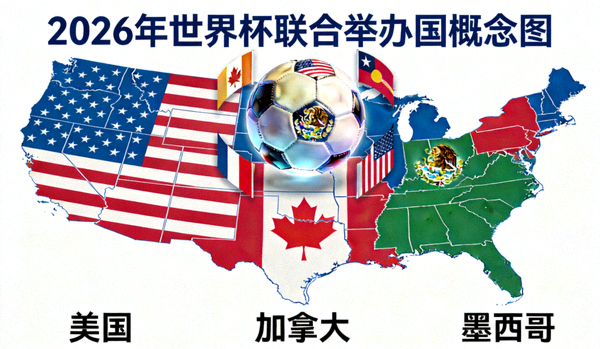 2026年世界杯概念图，展示联合举办国地图与足球