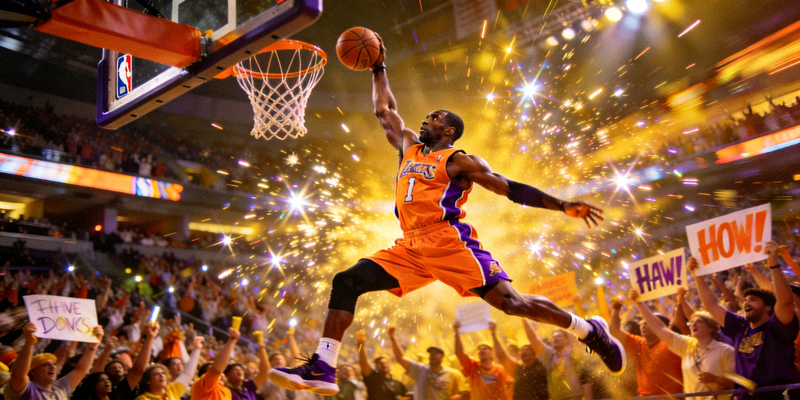 NBA篮球运动员扣篮精彩瞬间，背景是观众席